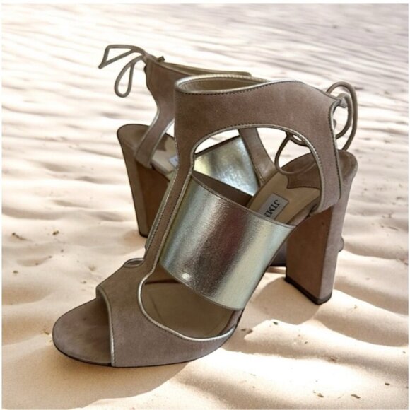 JIMMY CHOO Moira Tan Suede Ankle Tie Sandals Heels Size 37.5 - Picture 1 of 9